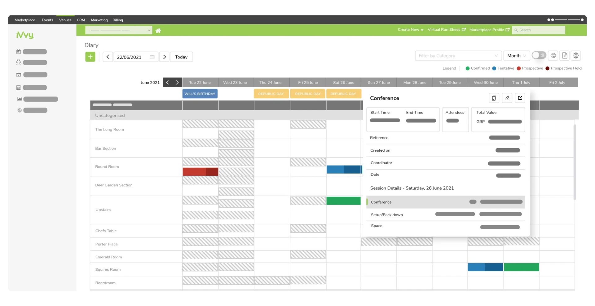 iVvy diary calendar showing venue bookings across event spaces